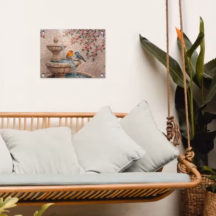 Vogel - fontein - mozaiek - kleurrijk - dieren tuinposter los doek klein -sfeer7