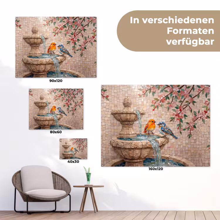 Vogel - fontein - mozaiek - kleurrijk - dieren tuinposter los doek klein -Xsfeer9_DE