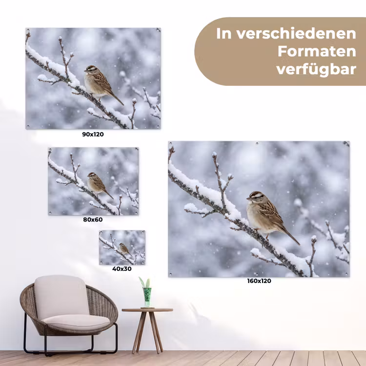 Vogel - Tak - Sneeuw - Winter tuinposter los doek klein -Xsfeer9_DE