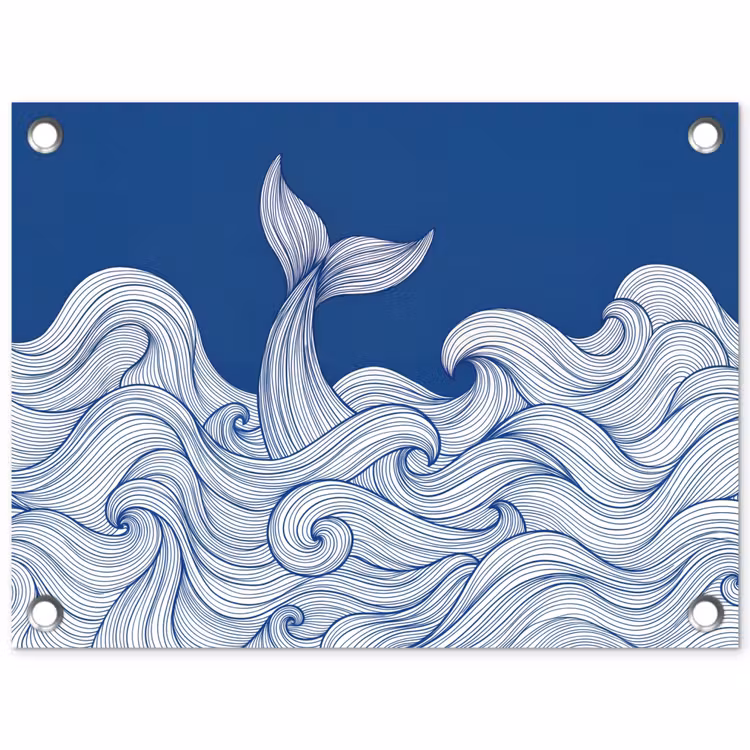 Walvis - Staart - Golven - Lijntekening - Blauw tuinposter los doek klein -3d