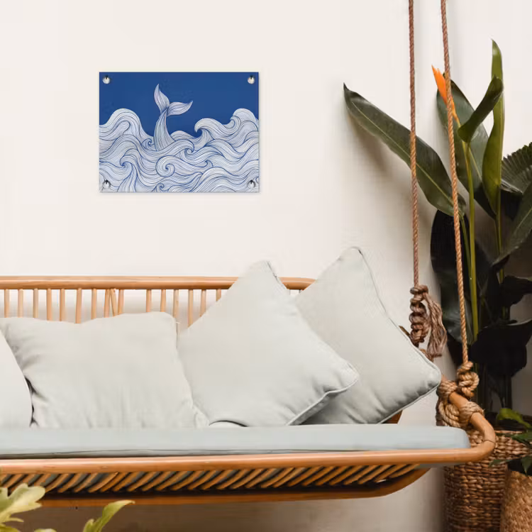 Walvis - Staart - Golven - Lijntekening - Blauw tuinposter los doek klein -sfeer7