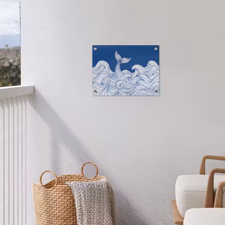 Walvis - Staart - Golven - Lijntekening - Blauw tuinposter los doek klein -sfeer8