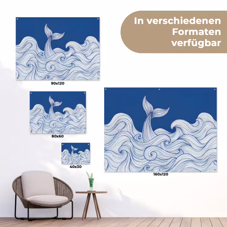 Walvis - Staart - Golven - Lijntekening - Blauw tuinposter los doek klein -Xsfeer9_DE