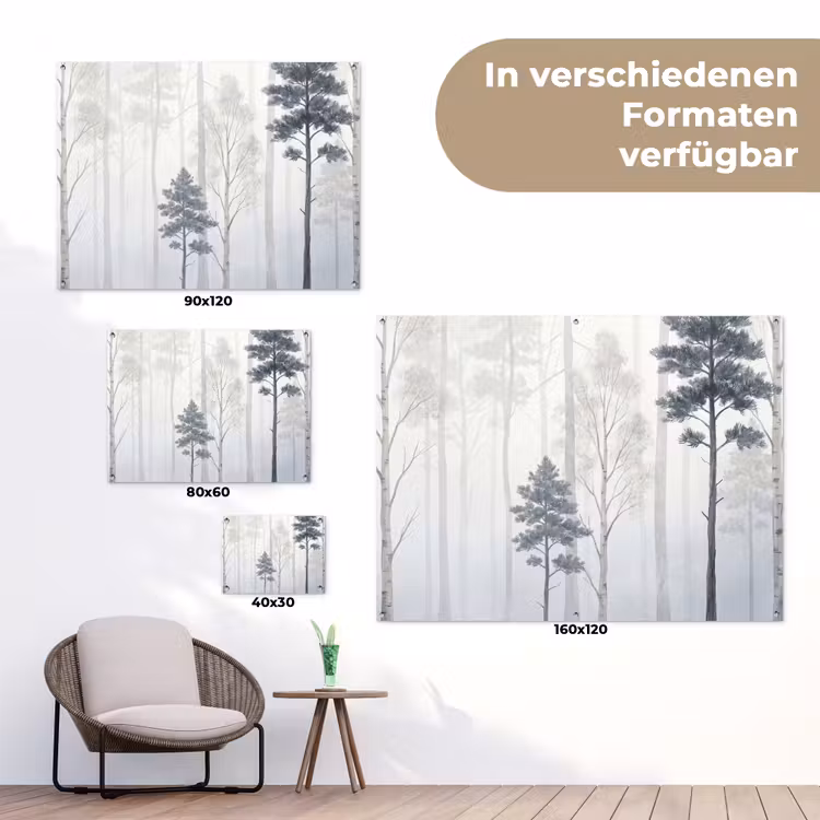 Bos - Bomen - Mist - Natuur - Illustratie - Grijs tuinposter los doek klein -Xsfeer9_DE