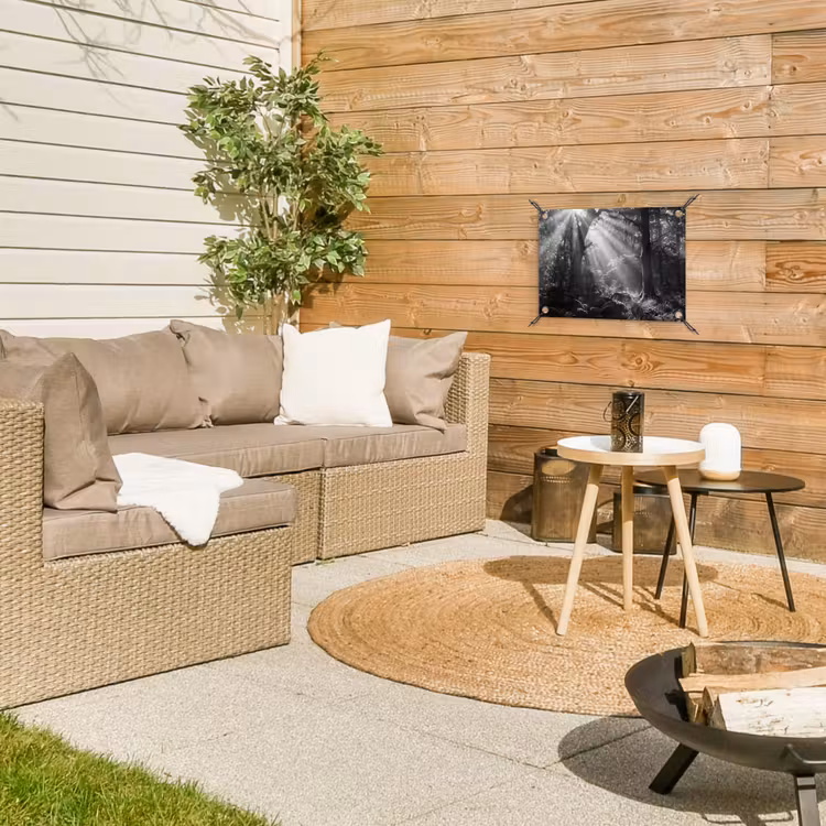 Bos - Lichtstralen - Natuur - Zwart-wit tuinposter los doek klein -sfeer4