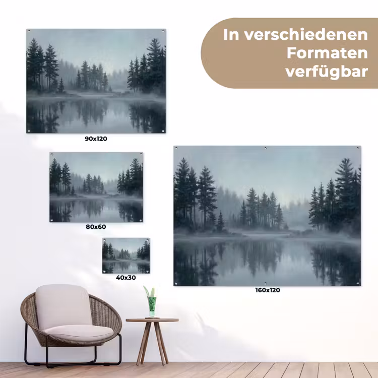 Bos - Meer - Mist - Natuur - Grijs tuinposter los doek klein -Xsfeer9_DE