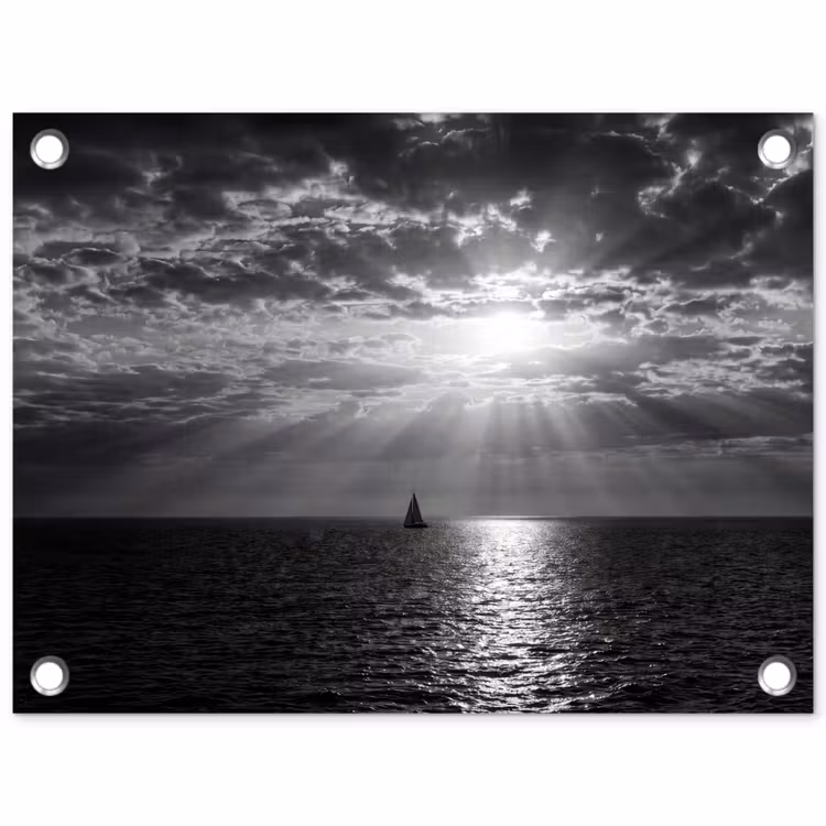 Water - Boot - Lucht - Natuur - Zwart-wit tuinposter los doek klein -3d