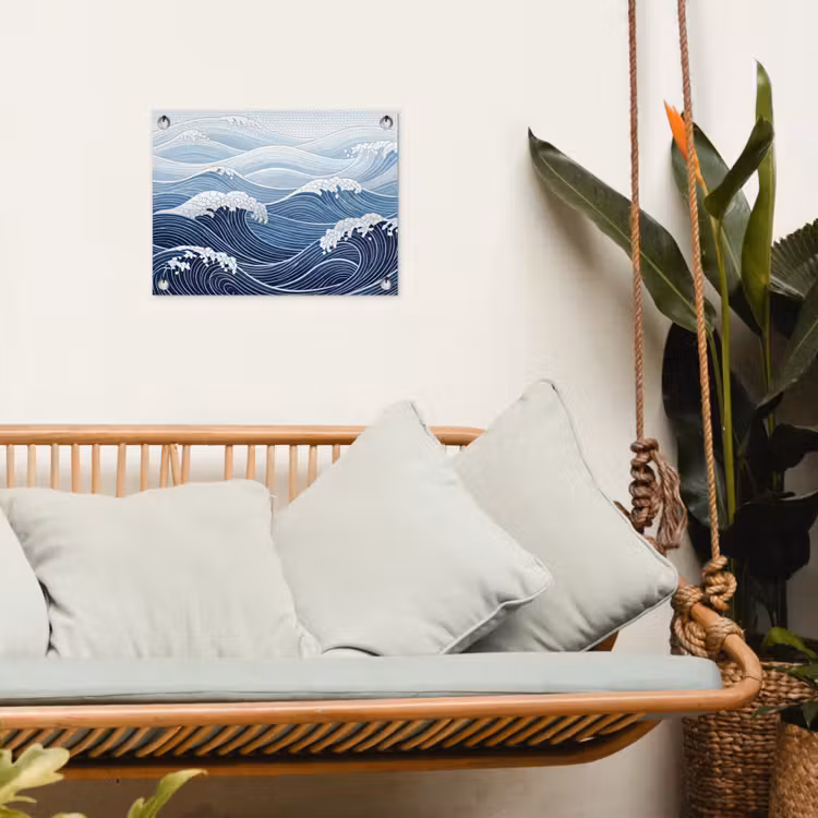 Water - Mozaïek - Landschap - Modern - Blauw tuinposter los doek klein -sfeer7