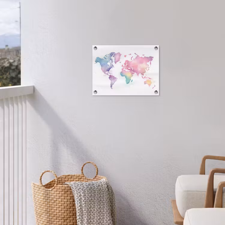 Waterverf - Wereldkaart - Pastelkleuren tuinposter los doek klein -sfeer8