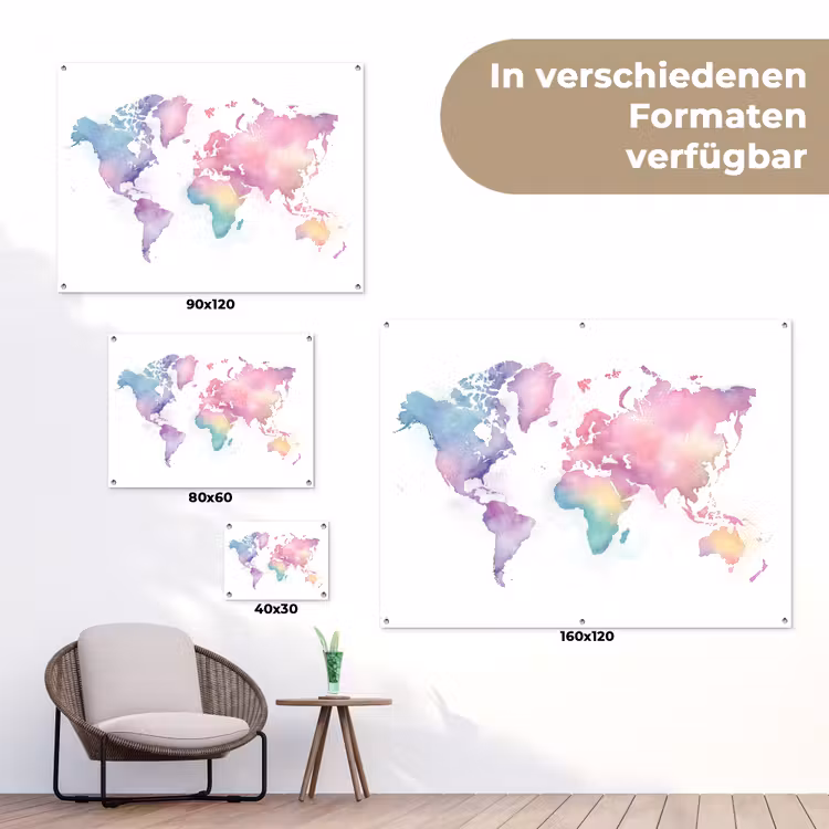 Waterverf - Wereldkaart - Pastelkleuren tuinposter los doek klein -Xsfeer9_DE
