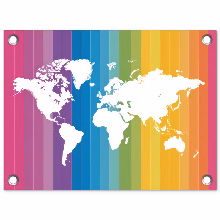 Wit - Wereldkaart - Regenboog - Banen tuinposter los doek klein -3d