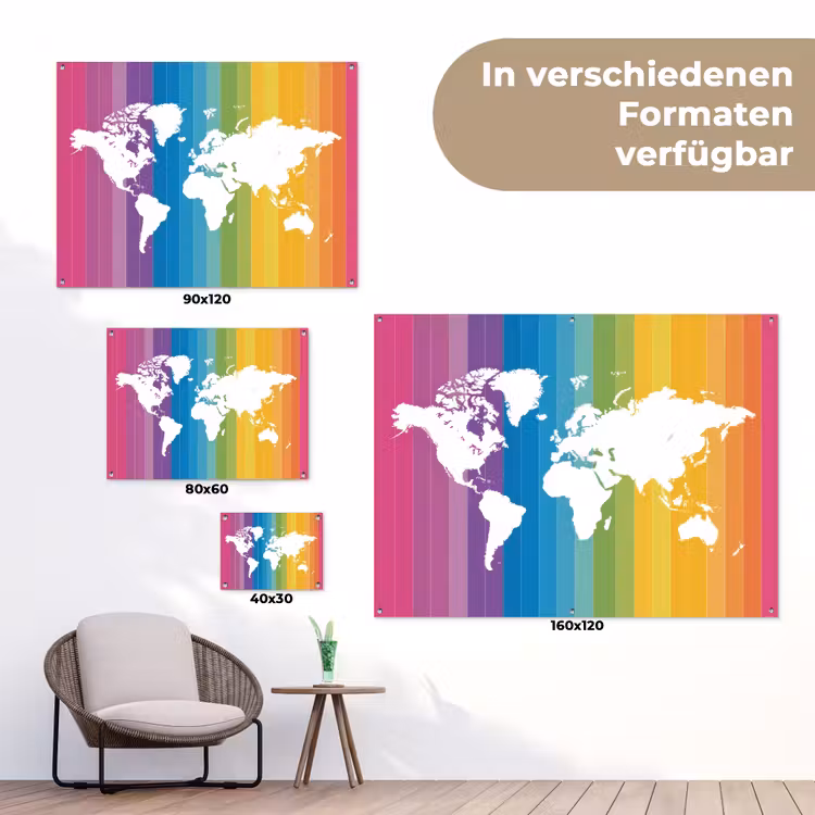 Wit - Wereldkaart - Regenboog - Banen tuinposter los doek klein -Xsfeer9_DE