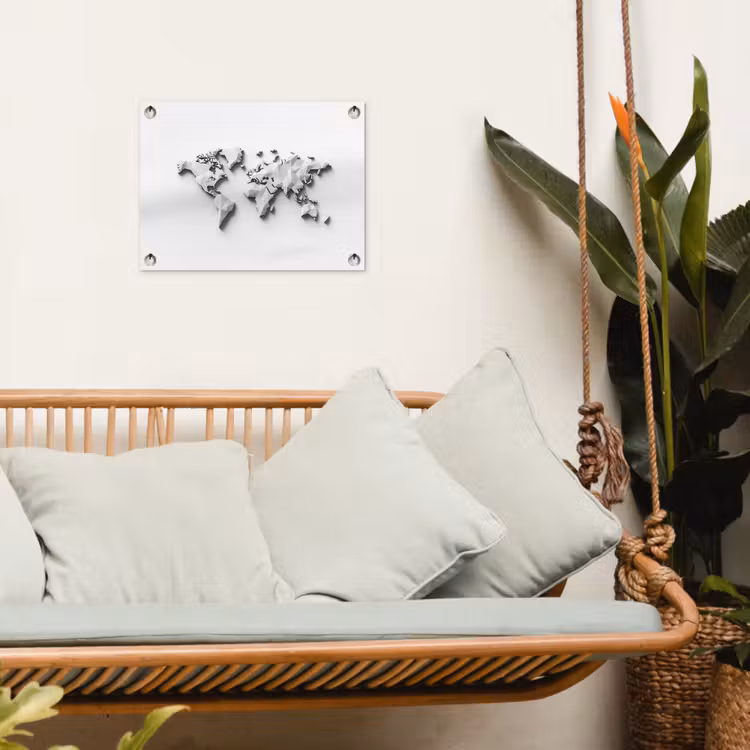 Wereldkaart - 3D - Wit tuinposter los doek klein -sfeer7