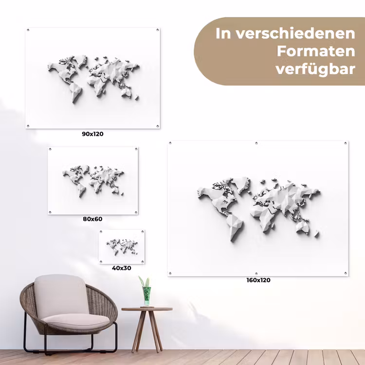 Wereldkaart - 3D - Wit tuinposter los doek klein -Xsfeer9_DE