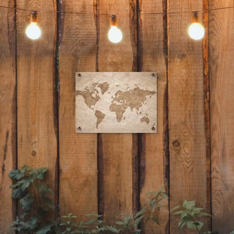 Wereldkaart - Oud papier - Historisch tuinposter los doek klein -sfeer1