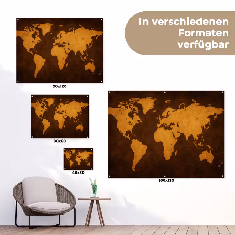 Wereldkaart - Antiek - Lederen stijl tuinposter los doek klein -Xsfeer9_DE