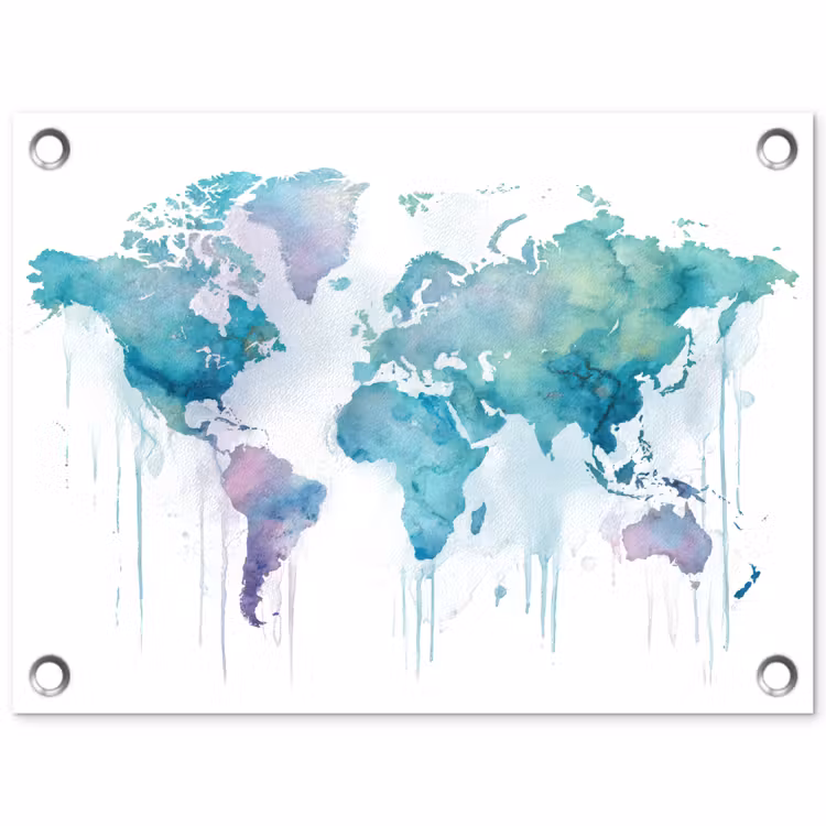 Wereldkaart - Waterverf - Blauw - Druppels tuinposter los doek klein -3d