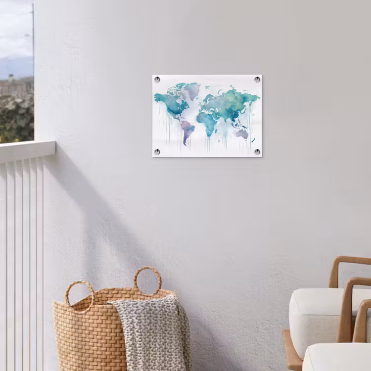Wereldkaart - Waterverf - Blauw - Druppels tuinposter los doek klein -sfeer8