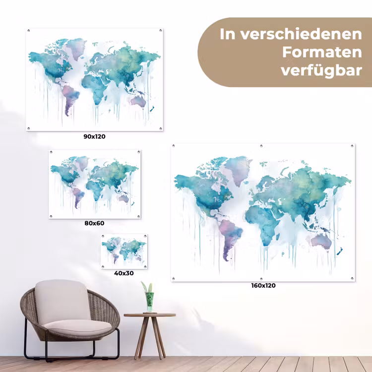 Wereldkaart - Waterverf - Blauw - Druppels tuinposter los doek klein -Xsfeer9_DE
