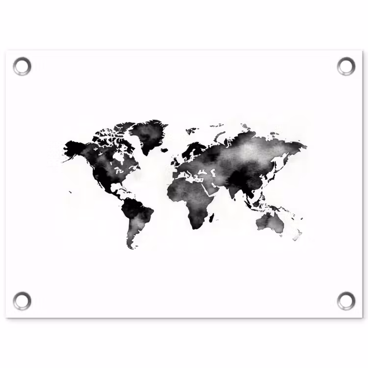 Wereldkaart - Aquarel - Zwart tuinposter los doek klein -3d