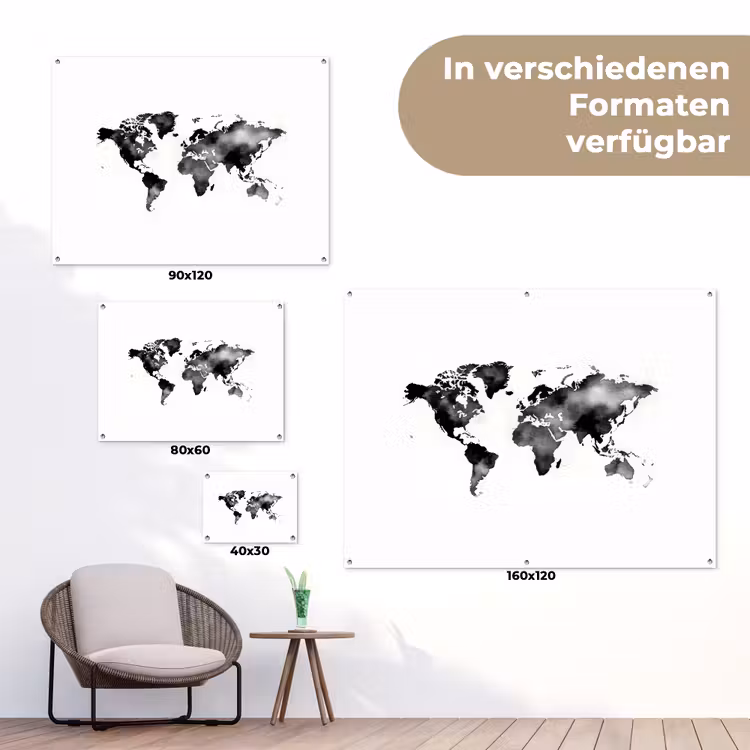 Wereldkaart - Aquarel - Zwart tuinposter los doek klein -Xsfeer9_DE