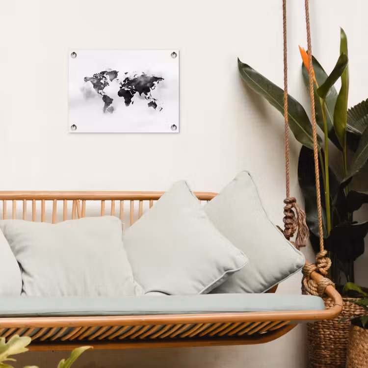 Wereldkaart - Waterverf - Zwart - Wit tuinposter los doek klein -sfeer7