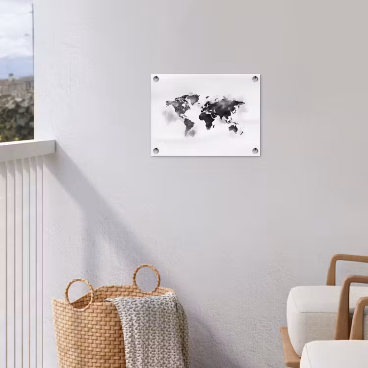Wereldkaart - Waterverf - Zwart - Wit tuinposter los doek klein -sfeer8