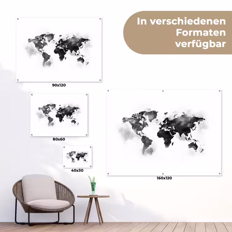 Wereldkaart - Waterverf - Zwart - Wit tuinposter los doek klein -Xsfeer9_DE