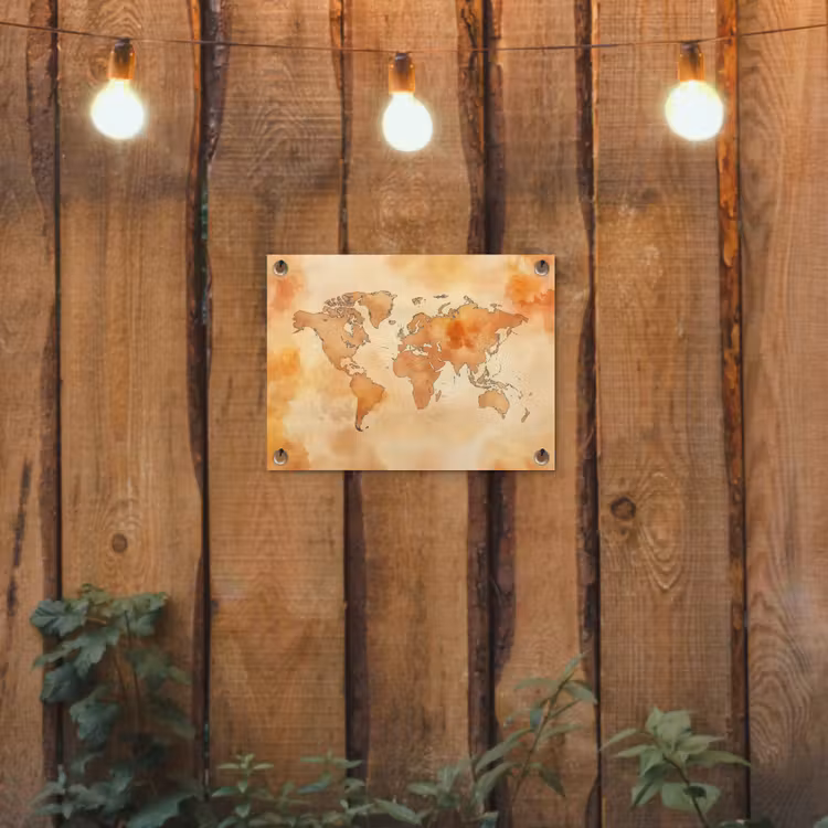 Wereldkaart - Aquarelstijl tuinposter los doek klein -sfeer1