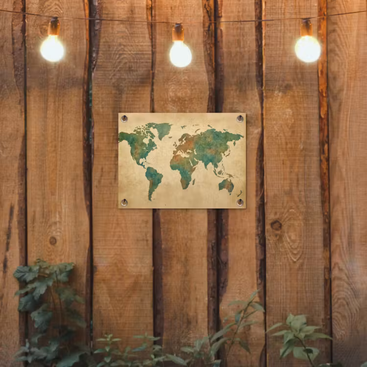 Wereldkaart - Aquarelstijl - Oud papier tuinposter los doek klein -sfeer1