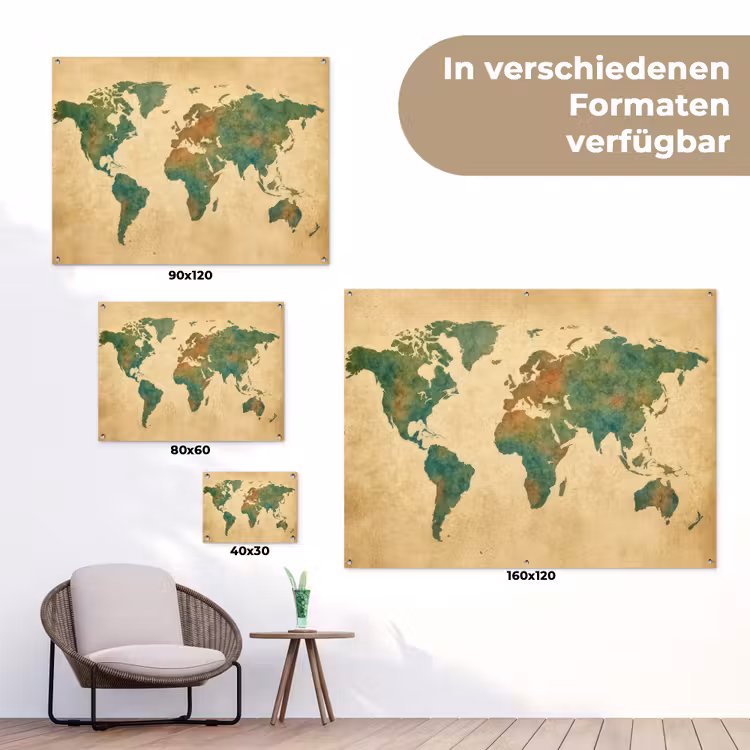 Wereldkaart - Aquarelstijl - Oud papier tuinposter los doek klein -Xsfeer9_DE