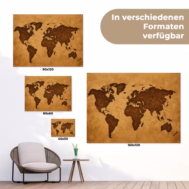 Wereldkaart - Uitgesneden perkament tuinposter los doek klein -Xsfeer9_DE
