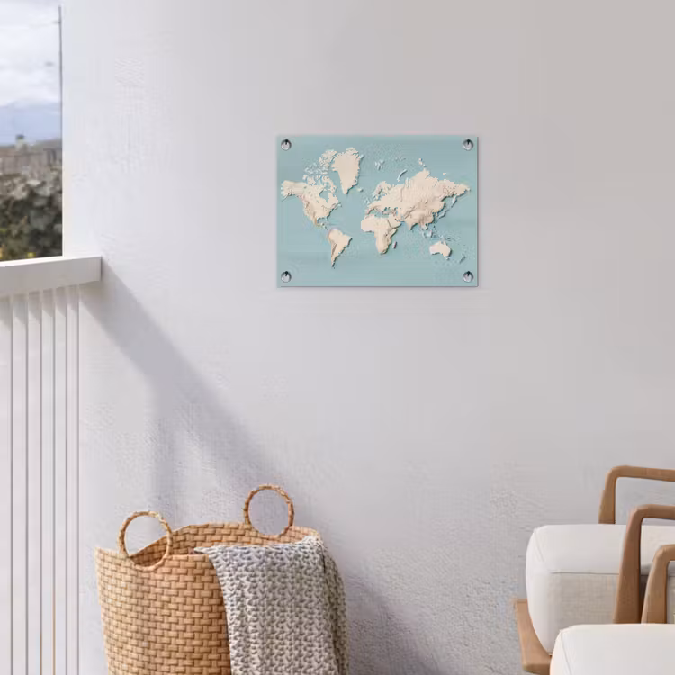 Wereldkaart - Beige - Blauw tuinposter los doek klein -sfeer8