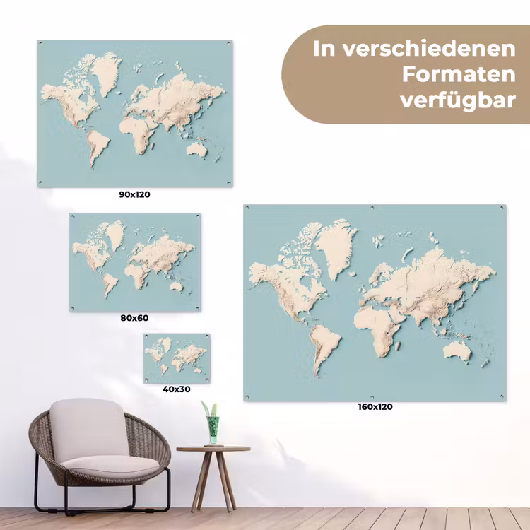 Wereldkaart - Beige - Blauw tuinposter los doek klein -Xsfeer9_DE