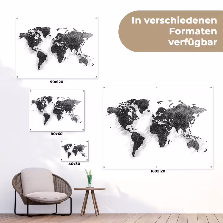 Wereldkaart - Potloodstrepen tuinposter los doek klein -Xsfeer9_DE