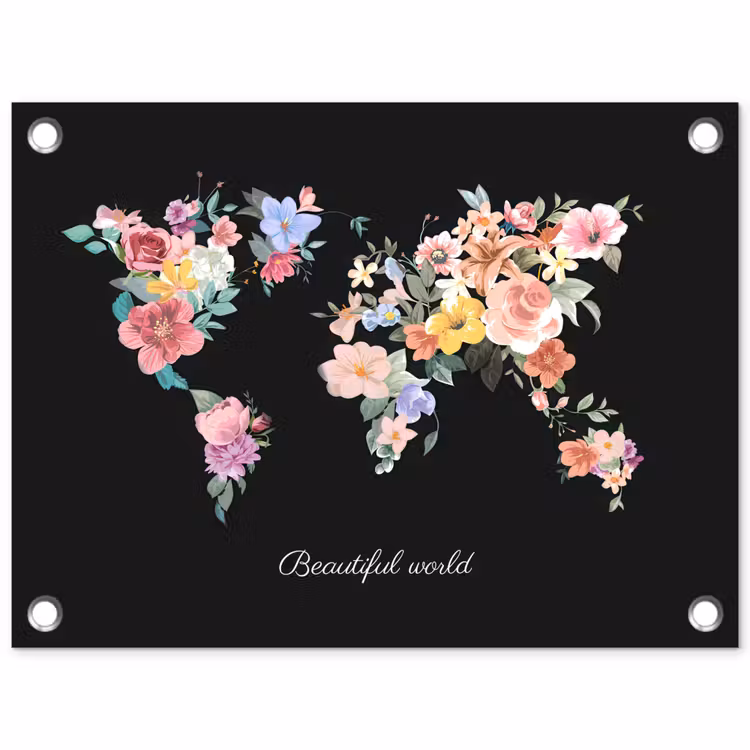 Wereldkaart - Bloemen - Pastelkleuren tuinposter los doek klein -3d