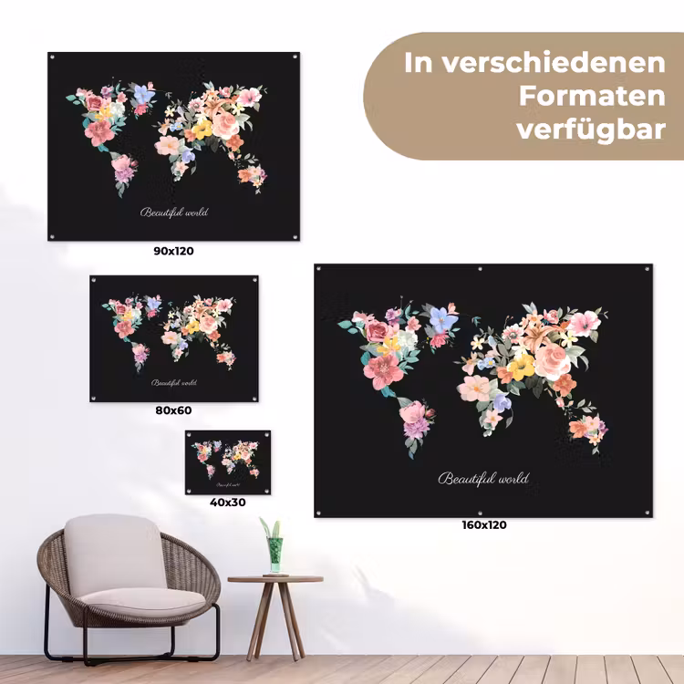 Wereldkaart - Bloemen - Pastelkleuren tuinposter los doek klein -Xsfeer9_DE