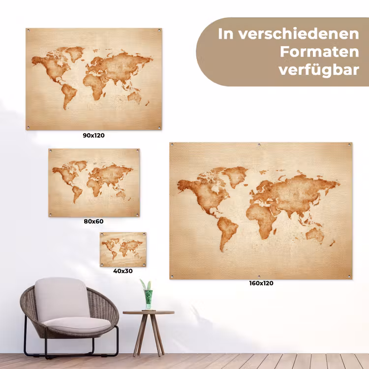 Wereldkaart - Bruin - Klassiek tuinposter los doek klein -Xsfeer9_DE
