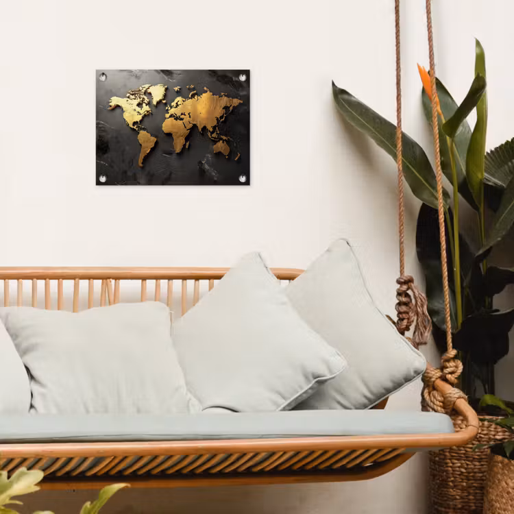 Wereldkaart - Driedimensionaal - Realistisch - Zwart tuinposter los doek klein -sfeer7