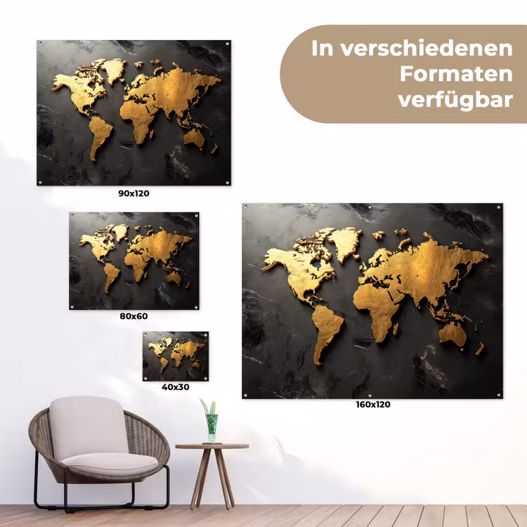 Wereldkaart - Driedimensionaal - Realistisch - Zwart tuinposter los doek klein -Xsfeer9_DE