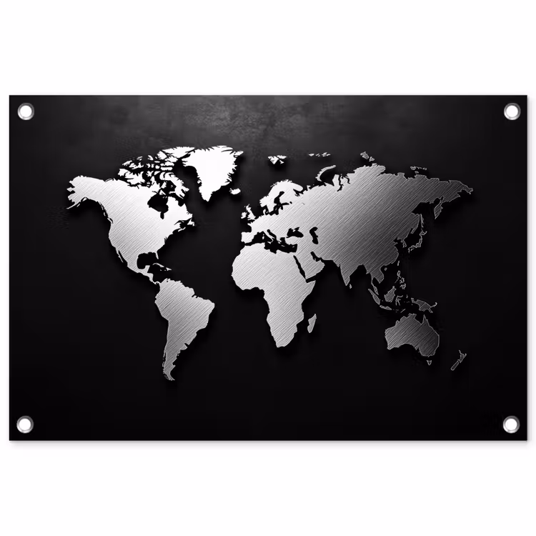 Wereldkaart - Donker - Zilver - Zwart tuinposter los doek klein -3d
