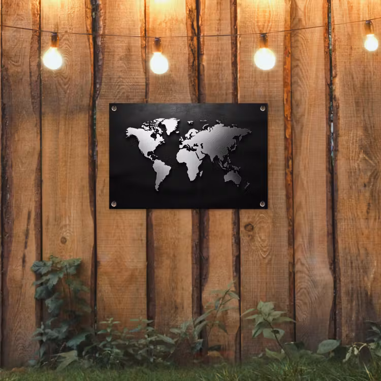 Wereldkaart - Donker - Zilver - Zwart tuinposter los doek klein -sfeer1