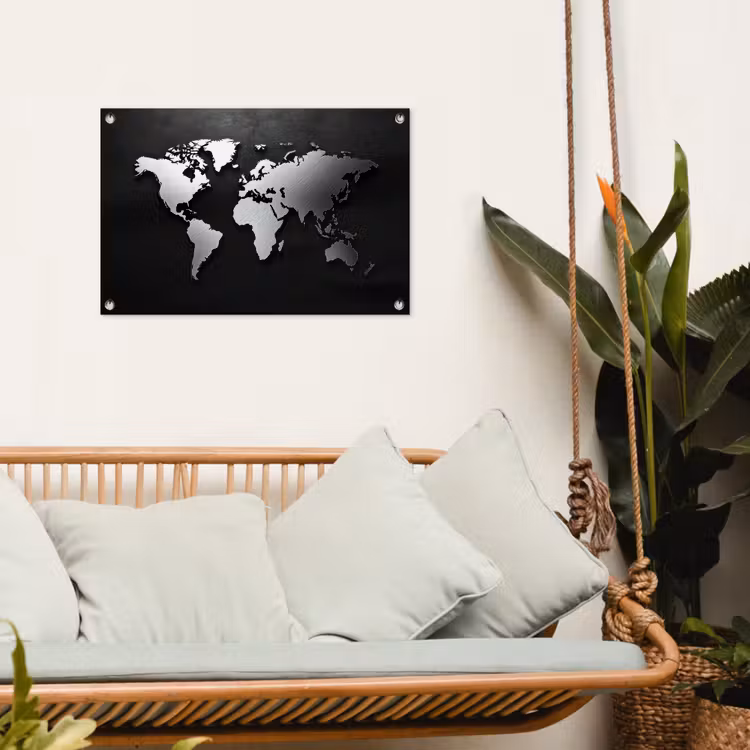 Wereldkaart - Donker - Zilver - Zwart tuinposter los doek klein -sfeer7