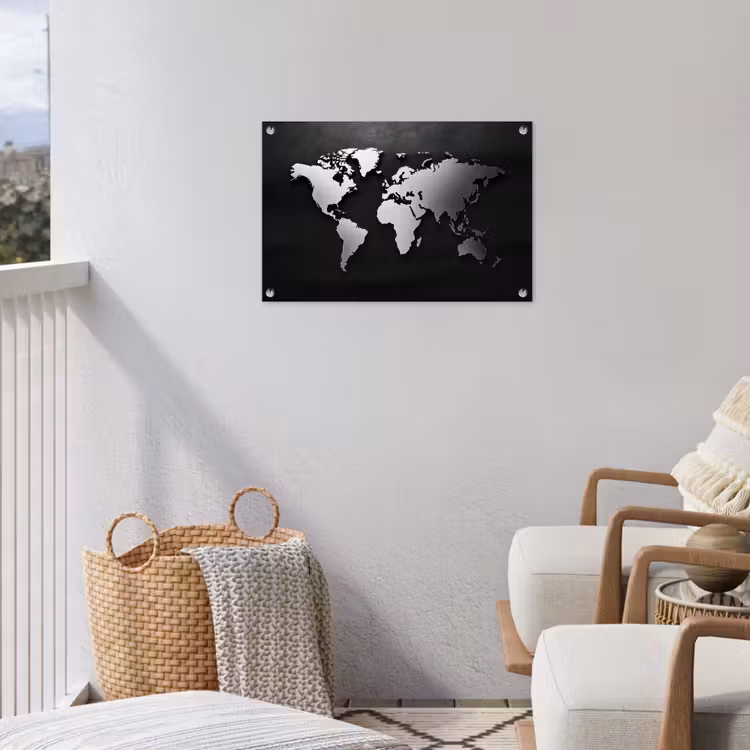 Wereldkaart - Donker - Zilver - Zwart tuinposter los doek klein -sfeer8