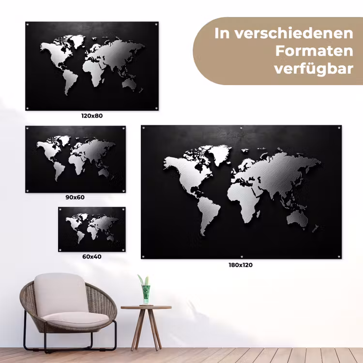 Wereldkaart - Donker - Zilver - Zwart tuinposter los doek klein -Xsfeer9_DE