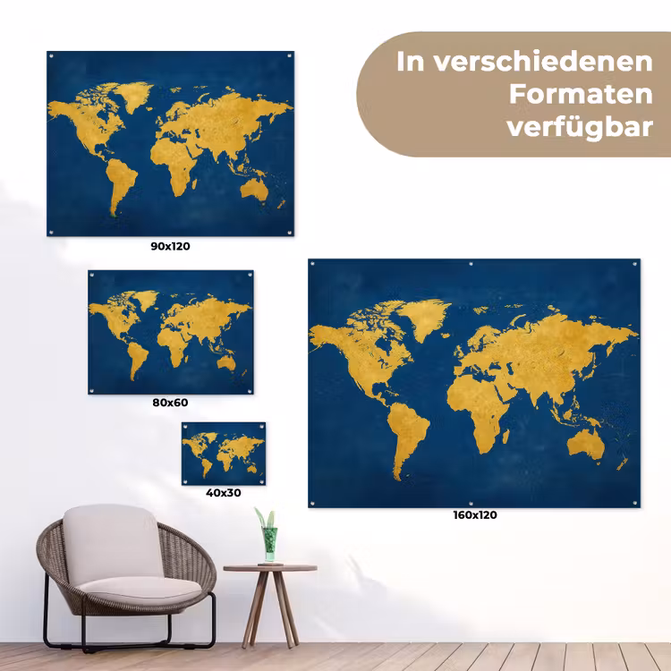 Wereldkaart - Elegant - Blauw tuinposter los doek klein -Xsfeer9_DE