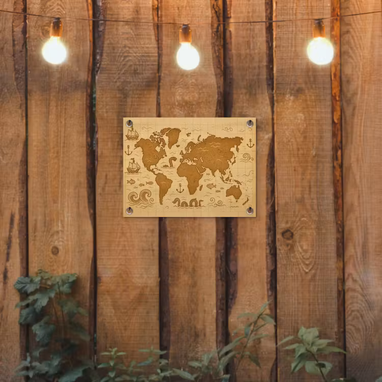 Wereldkaart - Fantasiestijl - Bruin tuinposter los doek klein -sfeer1