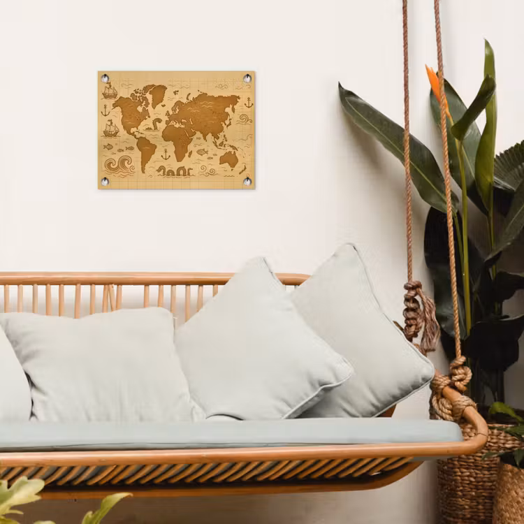 Wereldkaart - Fantasiestijl - Bruin tuinposter los doek klein -sfeer7