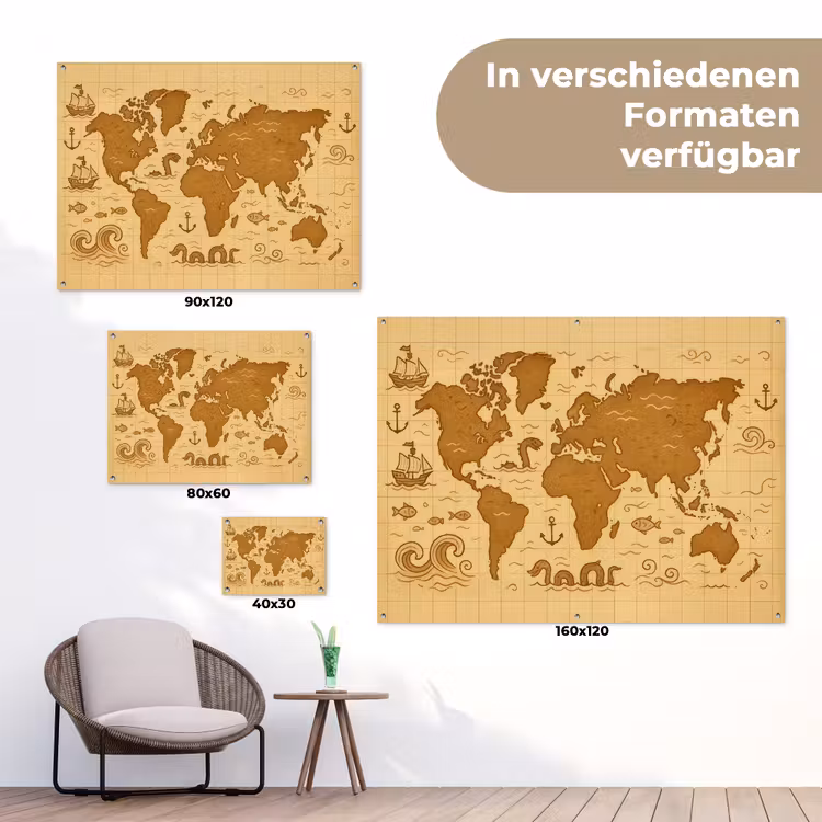 Wereldkaart - Fantasiestijl - Bruin tuinposter los doek klein -Xsfeer9_DE