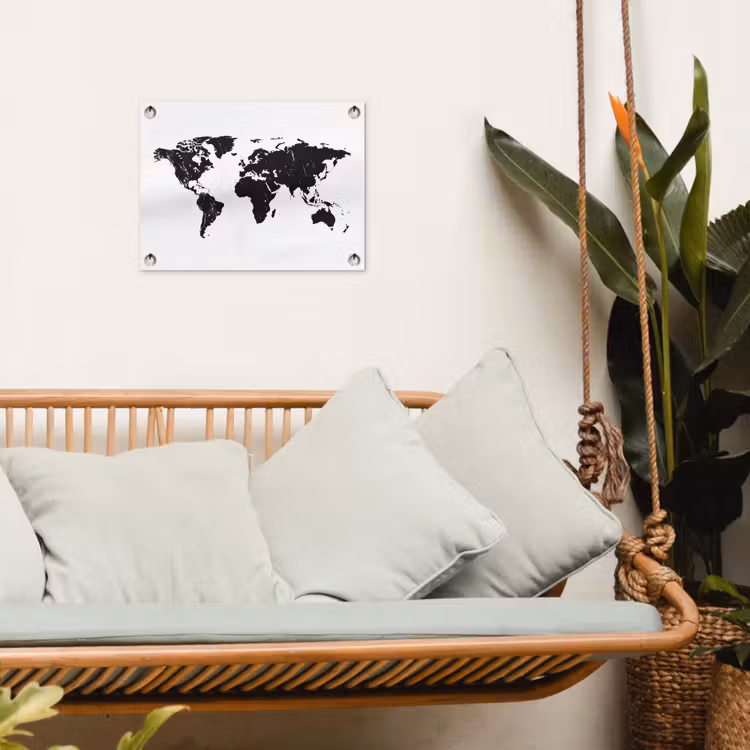 Wereldkaart - Verf - Zwart - Wit tuinposter los doek klein -sfeer7